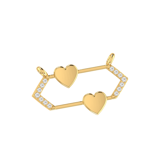 Yellow Gold Round Diamond Double Heart Hexagon Pendant with chain