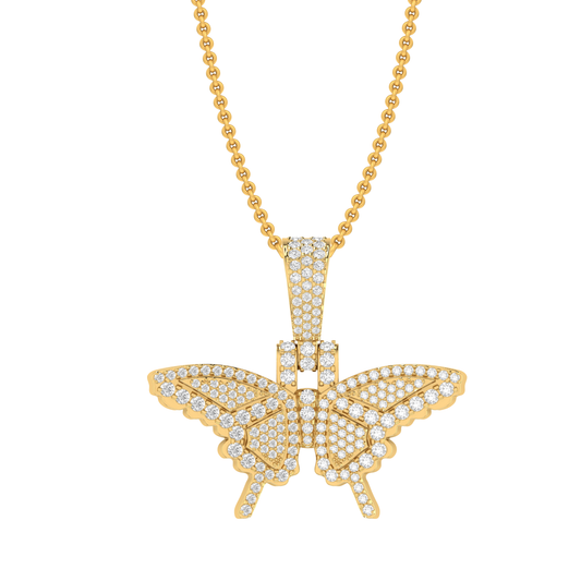 Yellow Gold Round Diamond Butterfly Pendant With Chain