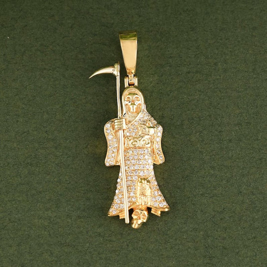 Yellow Gold Round Diamond Santa Muerte Pendant