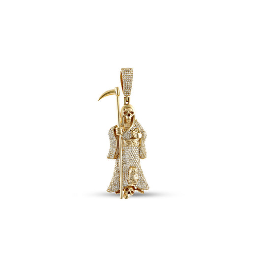 Yellow Gold Round Diamond Santa Muerte Pendant