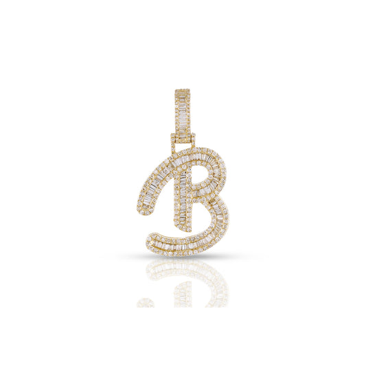 Personalized Yellow Gold Baguette Diamond Initial Pendant by Demira Jewels
