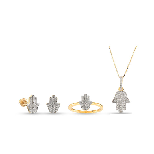 Divine Protection: Yellow Gold White Diamond Hamsa Pendant Set with Chain by Demira Jewels