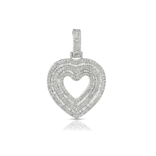 White Gold Round and Baguette Diamond Heart Pendant