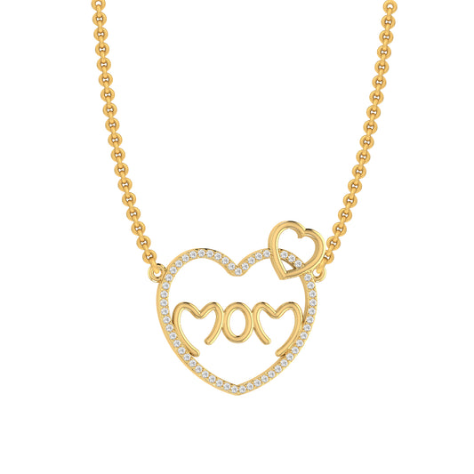 Yellow Gold Round Diamond Pave Double Heart Mom Pendant with chain