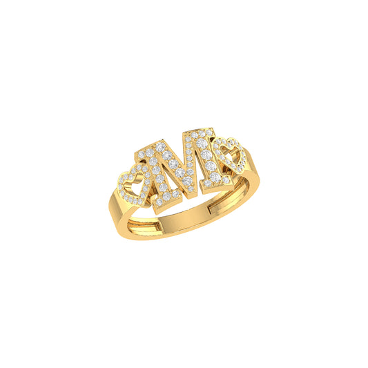 Yellow Gold Round Diamond Double Heart 'M' Letter Initial Ring