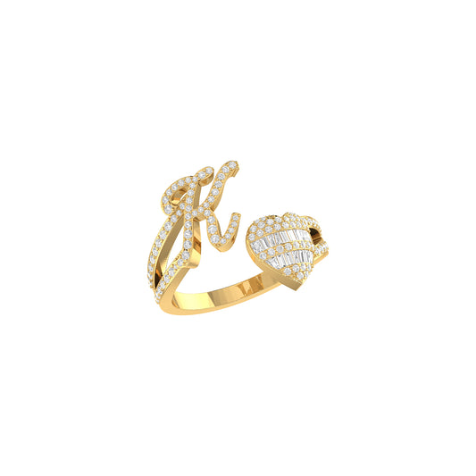Yellow Gold 'K' Letter Diamond Heart Initial Ring