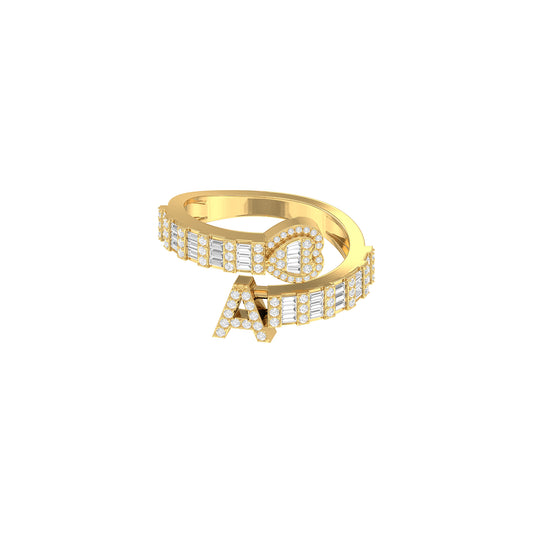 Yellow Gold Baguette & Round Diamond 'A' Letter Heart Initial Ring