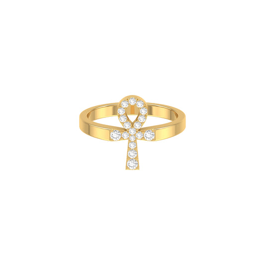 Yellow Gold Round Diamond Egyptian Ankh Ring