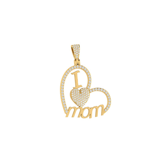 Yellow Gold Round Diamond "I Love Mom" Heart Pendant