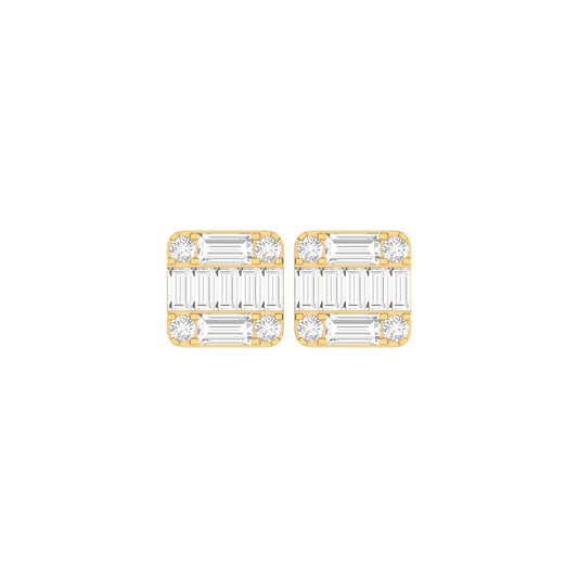 Yellow Gold Round and Baguette Diamond Square Stud Earrings