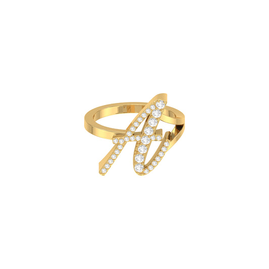 Yellow Gold Round Diamond Pave 'A' Letter Initial Ring
