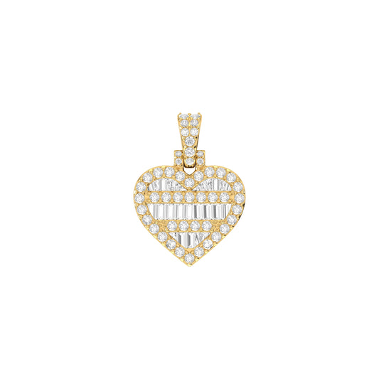 Yellow Gold Round and Baguette Diamond Heart Shape Pendant