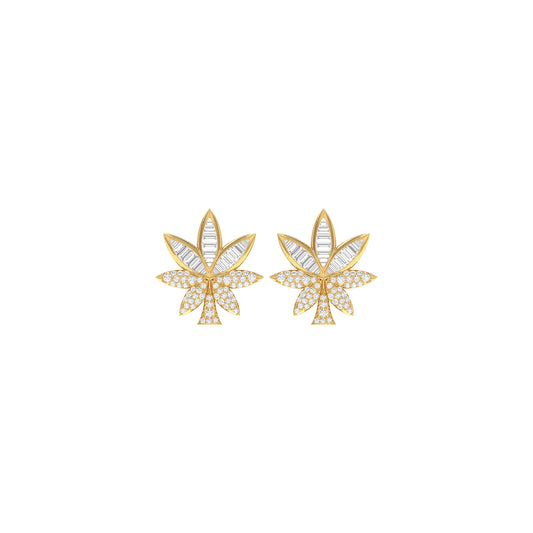 Yellow Gold Baguette and Round Diamond Cannabis Leaf Earrings