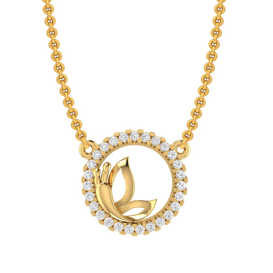 Yellow Gold Round Diamond Butterfly Circle Pendant With Chain