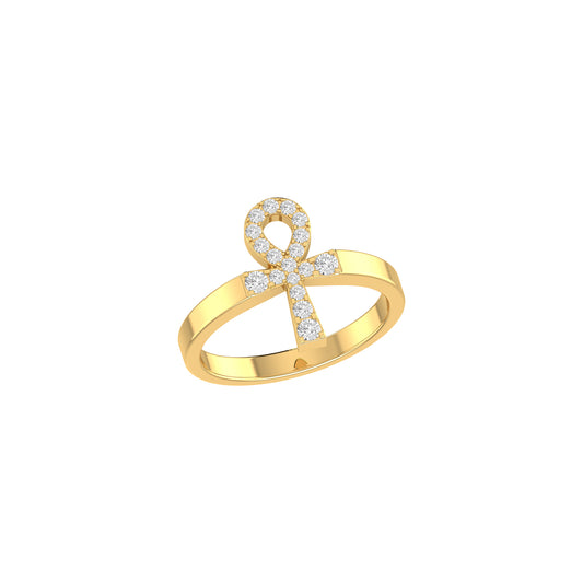 Yellow Gold Round Diamond Egyptian Ankh Ring