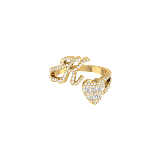 Yellow Gold 'K' Letter Diamond Heart Initial Ring