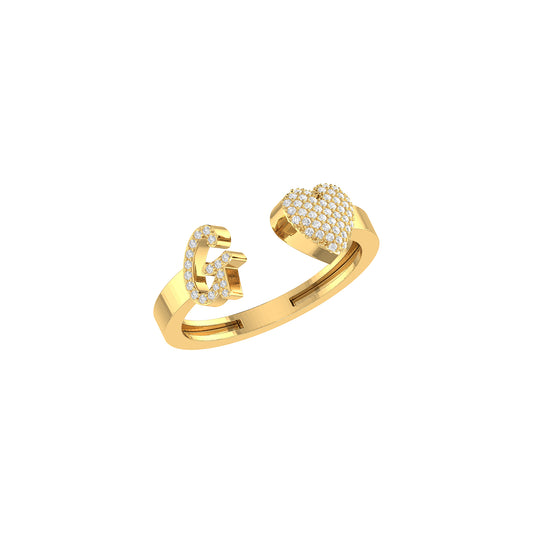 Yellow Gold Round Diamond 'G' Letter Heart Initial Ring