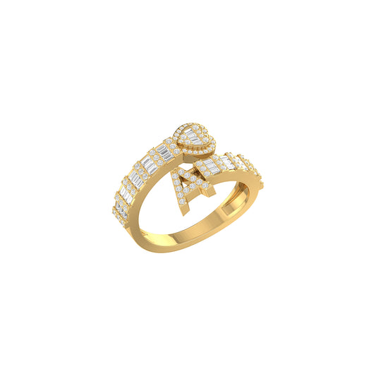 Yellow Gold Baguette & Round Diamond 'A' Letter Heart Initial Ring