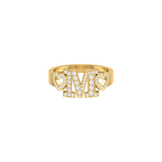 Yellow Gold Round Diamond Double Heart 'M' Letter Initial Ring