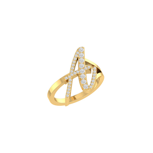 Yellow Gold Round Diamond Pave 'A' Letter Initial Ring