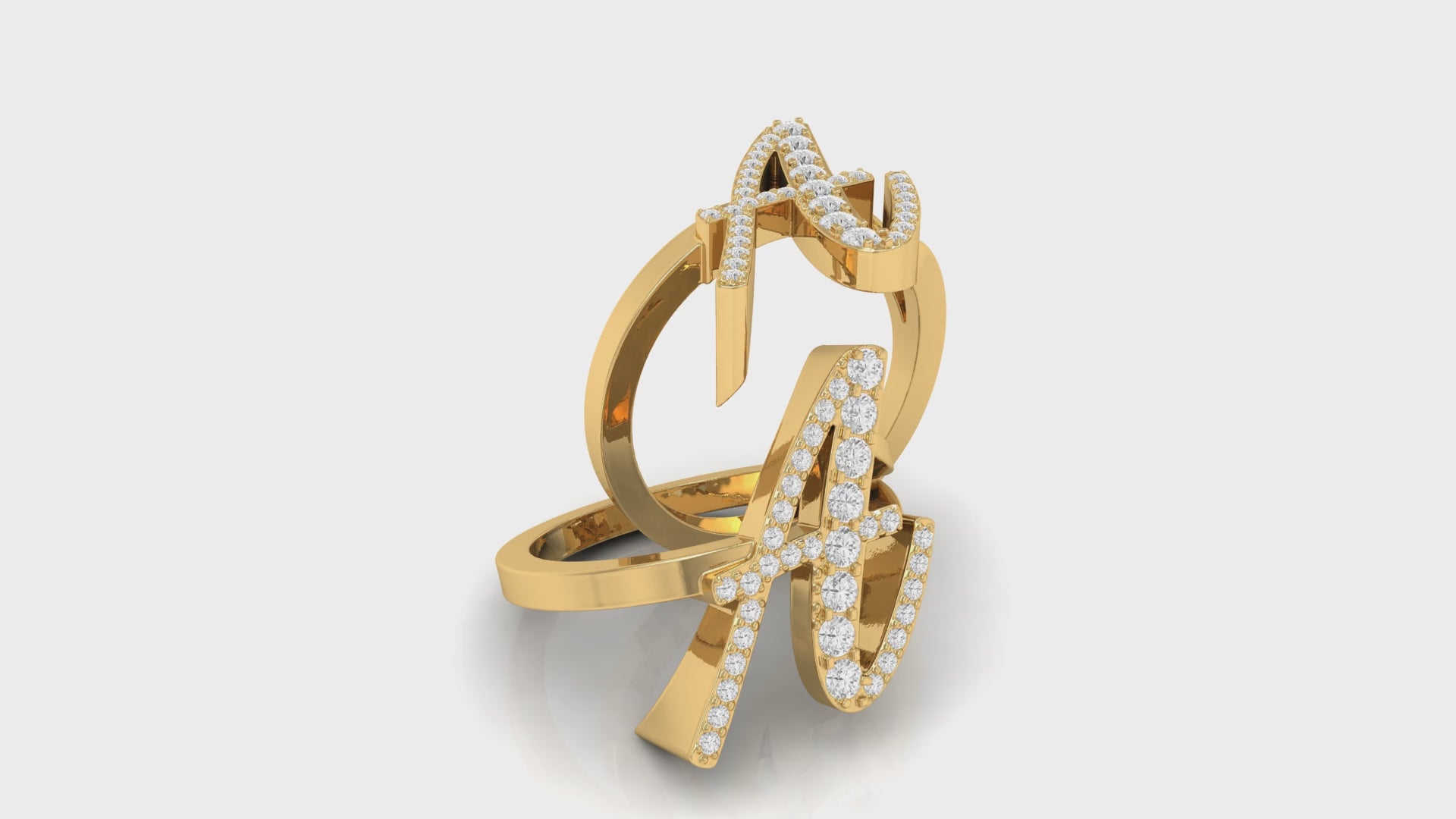 Yellow Gold Round Diamond Pave 'A' Letter Initial Ring