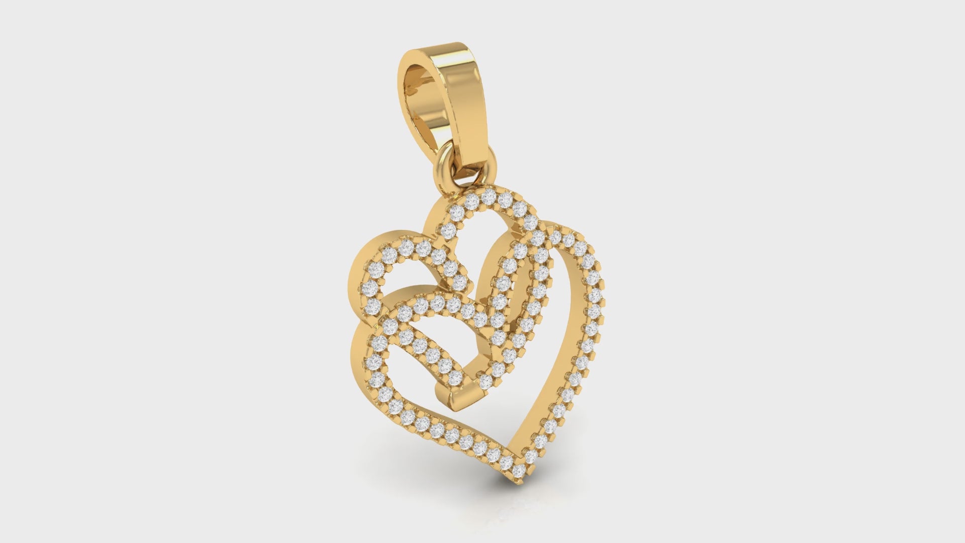 Yellow Gold Round Diamond Pave Double Heart Pendant