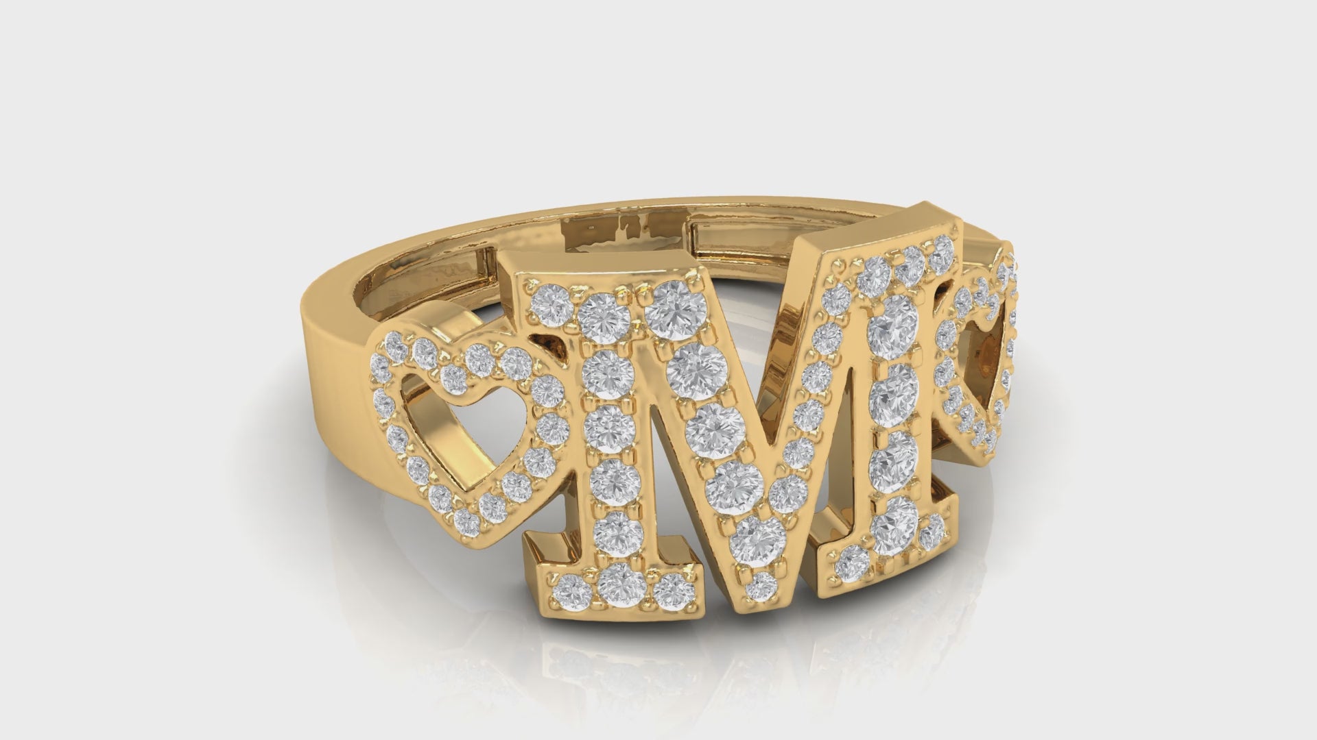 Yellow Gold Round Diamond Double Heart 'M' Letter Initial Ring