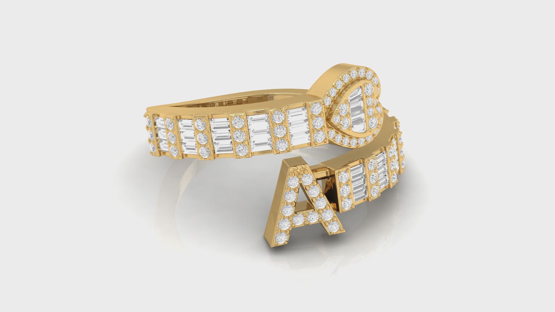 Yellow Gold Baguette & Round Diamond 'A' Letter Heart Initial Ring