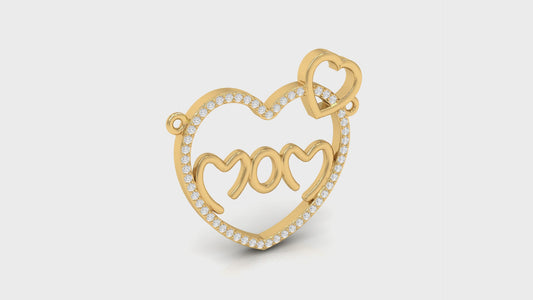 Yellow Gold Round Diamond Pave Double Heart Mom Pendant with chain