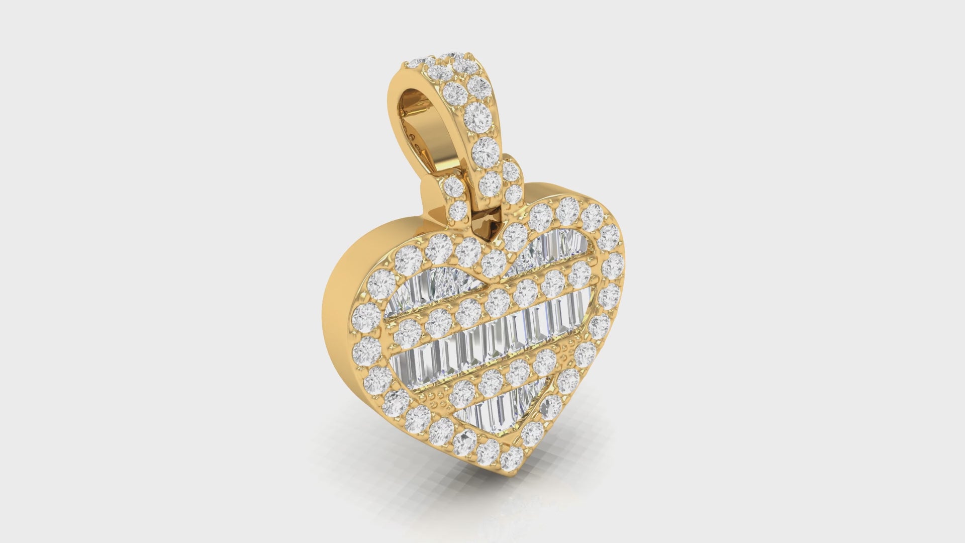 Yellow Gold Round and Baguette Diamond Heart Shape Pendant