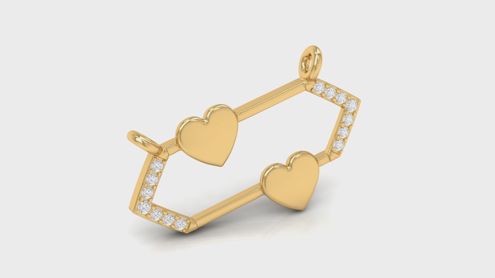 Yellow Gold Round Diamond Double Heart Hexagon Pendant with chain