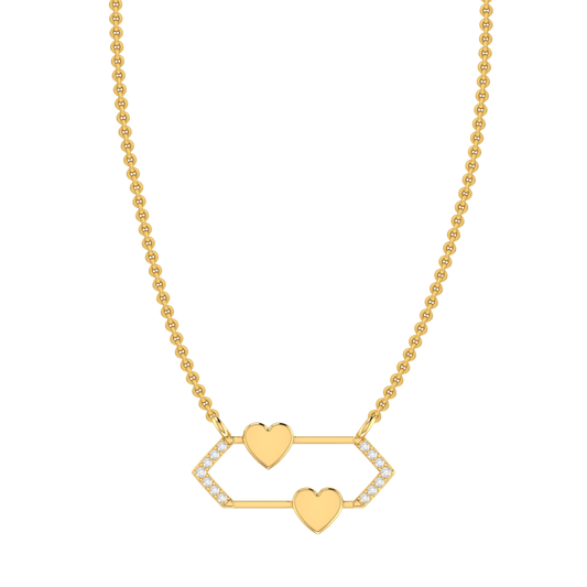 Yellow Gold Round Diamond Double Heart Hexagon Pendant with chain