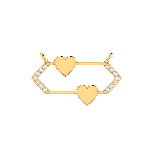 Yellow Gold Round Diamond Double Heart Hexagon Pendant with chain