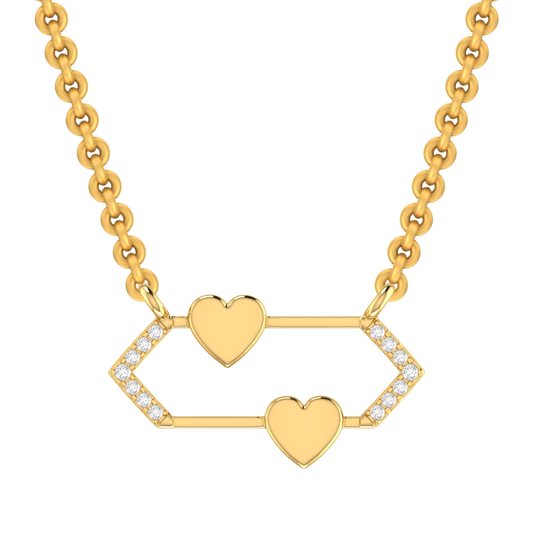 Yellow Gold Round Diamond Double Heart Hexagon Pendant with chain