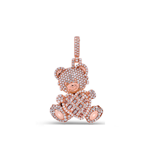 Rose Gold White Diamond Heart with Teddy Bear Pendant