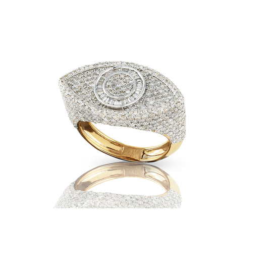 Divine Protection: White Baguette Diamond Evil Eye Ring in Yellow Gold by Demira Jewels