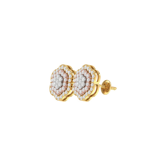 Yellow Gold Round Diamond Three Tone Flower Earrings