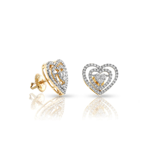 Yellow Gold Round Diamond Triple Heart Stud Earrings