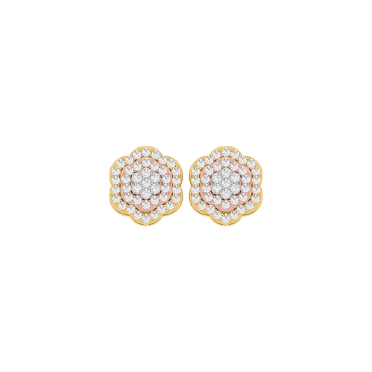 Yellow Gold Round Diamond Three Tone Flower Earrings