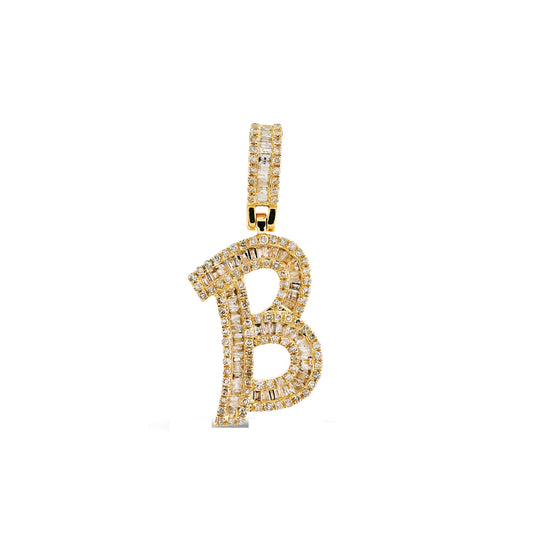 Yellow Gold Round and Baguette Diamond "B" Letter Pendant