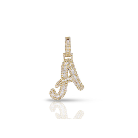 Personalized Yellow Gold Baguette Diamond Initial Pendant by Demira Jewels