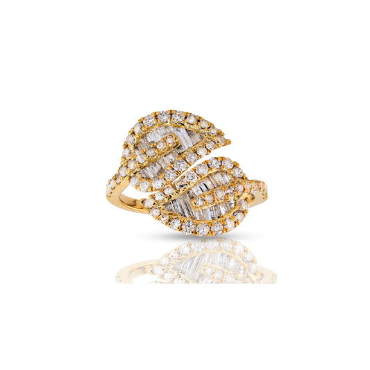 17.5mm Yellow Gold Round and Baguette Diamond Leaf Ring by Demira Jewels