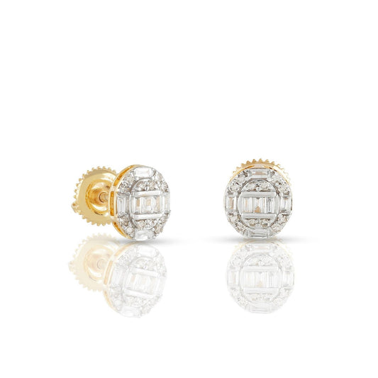 Yellow Gold Baguette and Round Diamond Stud Earrings