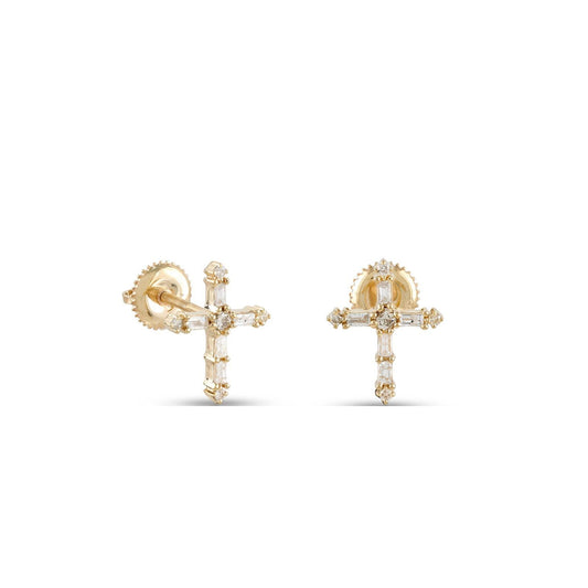 Yellow Gold Baguette and Round Diamond Cross Stud Earrings