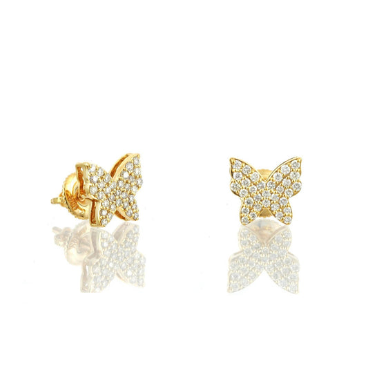 Yellow Gold Round Diamond Cluster Butterfly Stud Earrings