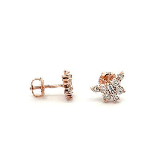 Rose Gold Round Diamond Butterfly Stud Earrings