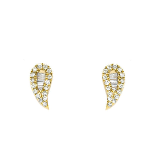 Yellow Gold Round and Baguette Diamond Leaf Stud Earrings