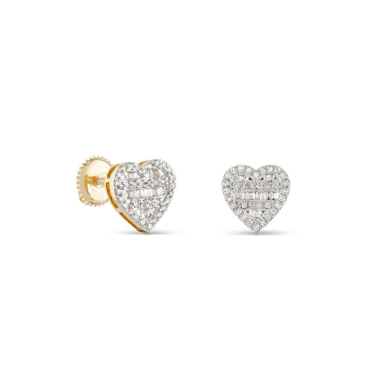 Yellow Gold Round and Baguette Diamond Heart Stud Earrings