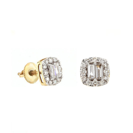 Yellow Gold Baguette and Round Diamond Square Stud Earrings