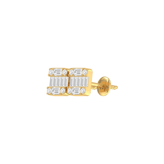 Yellow Gold Round and Baguette Diamond Square Stud Earrings